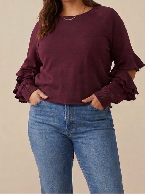 Lanston Tops - Lanston Ruffled Sleeve Crewneck Sweatshirt